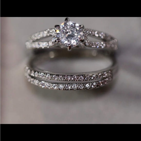 Wedding Engagement Elegant Silver Sparkle Pave Ring w Band Set Size 7 - Picture 8 of 11